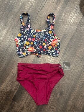 Zaful Floral Navy Crop Bikini Top with Burgundy High Waisted Bottoms